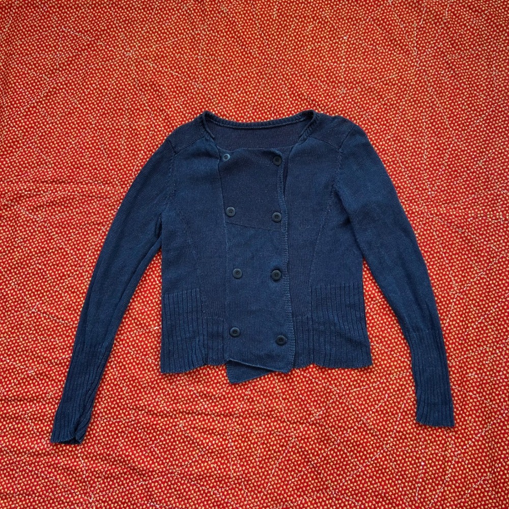 Vintage Navy Blue Double Breasted Linen Cotton Knit Cardigan Sweater Womens